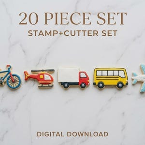 May include: A collection of 20 cookie cutters and stamps featuring a bicycle, helicopter, lorry, school bus, and aeroplane. The biscuits are decorated with blue, red, yellow, and white icing. The text "20 PIECE SET STAMP+CUTTER SET" is at the top.