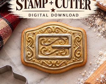 May include: A rectangular cookie with a gold and silver belt buckle design featuring intricate scrollwork. The text STAMP + CUTTER DIGITAL DOWNLOAD is displayed above the cookie. The cookie has a light brown edge and a detailed embossed surface.