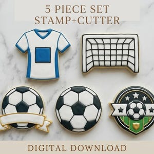 May include: A 5-piece set of football-themed cookie cutters and stamps. The set includes a football shirt, a goal, two footballs, and a badge. The cookies are white with black and blue accents. The text "5 PIECE SET STAMP+CUTTER" and "DIGITAL DOWNLOAD" are visible.