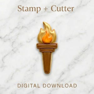 May include: A gold-colored torch cookie cutter and stamp set. The torch has a brown handle and a flame with gold and orange hues. The text "Stamp + Cutter" and "DIGITAL DOWNLOAD" are displayed.