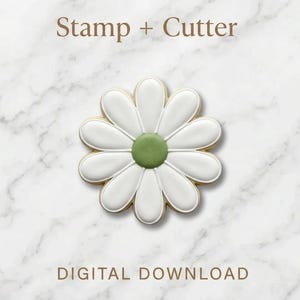 May include: A daisy-shaped cookie cutter and stamp set with white icing and a green center. The words "Stamp + Cutter" and "Digital Download" are displayed on a marble background.