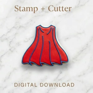 Puede incluir: Un cortador de galletas y un juego de sellos con forma de capa roja. La galleta es roja con ribete azul y un diseño de capa. Las palabras "Stamp + Cutter" y "DIGITAL DOWNLOAD" se muestran en la imagen.