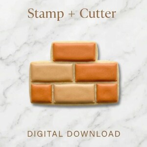 May include: A cookie decorated to resemble a brick wall, with rectangular shapes in shades of tan and orange. The words "Stamp + Cutter" and "Digital Download" are printed above and below the cookie.