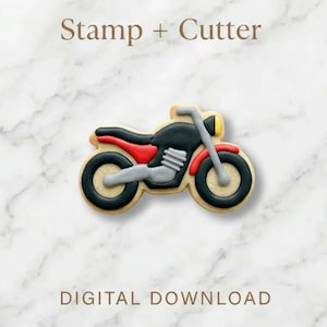 Peut inclure: Emporte-pièce et tampon en forme de moto. La moto est noire, rouge et grise, avec des touches de jaune. Le texte "Stamp + Cutter" et "DIGITAL DOWNLOAD" sont affichés au-dessus et en dessous.