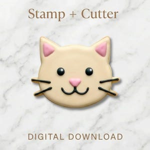 May include: A cat-shaped cookie cutter and stamp set. The cat face is beige with pink accents on the ears and nose, black eyes and whiskers. The text "Stamp + Cutter" and "DIGITAL DOWNLOAD" are displayed.