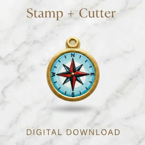 May include: A gold-colored compass design with a blue and red starburst pattern. The compass is surrounded by a blue ring with the letters N, E, S, and W. The words "Stamp + Cutter" and "Digital Download" are also visible.