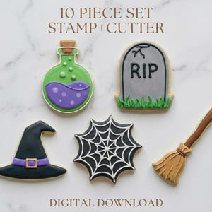 Könnte beinhalten: Ein Set von Halloween-Ausstechern und Stempeln. Das Set enthält einen Hexenhut, eine Zaubertrankflasche, einen Grabstein mit "RIP", ein Spinnennetz und einen Besen. Der Text "10 PIECE SET STAMP+CUTTER" und "DIGITAL DOWNLOAD" ist ebenfalls sichtbar.