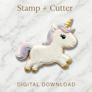 May include: A white unicorn cookie cutter and stamp set. The unicorn has a golden horn, pink and blue mane and tail, and gold hooves. The text "Stamp + Cutter" and "DIGITAL DOWNLOAD" are displayed.