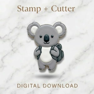 May include: A gray koala cookie cutter and stamp set. The koala has a backpack and is standing upright. The text "Stamp + Cutter" and "DIGITAL DOWNLOAD" are displayed above and below the koala image.