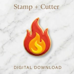 May include: A fire-shaped cookie cutter and stamp with a red, orange, and yellow design. The cookie is decorated with icing and has a flame design. The text "Stamp + Cutter" and "DIGITAL DOWNLOAD" are displayed.