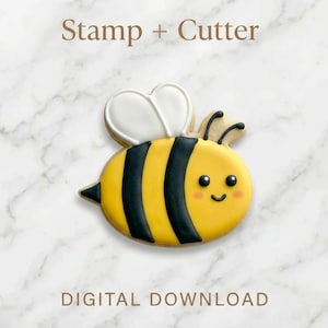 May include: A bee-shaped cookie cutter with a yellow body, black stripes, and white wings. The cookie has a smiling face with rosy cheeks. The words "Stamp + Cutter" and "DIGITAL DOWNLOAD" are displayed above and below the cookie.