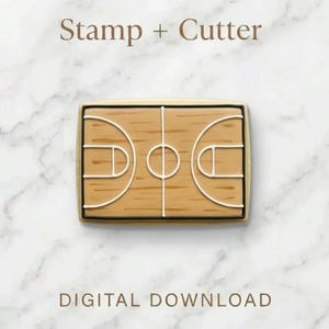 Könnte beinhalten: Ein Ausstecher in Form eines Basketballfeldes. Das Feld ist hellbraun mit weißen Linien, und der Ausstecher hat eine rechteckige Form. Der Text "Stamp + Cutter" und "Digital Download" ist auf dem Bild aufgedruckt.