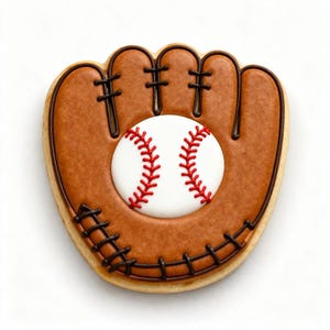 May include: A baseball-themed cookie shaped like a mitt holding a baseball. The mitt is brown with dark brown stitching and accents. The baseball is white with red stitching.