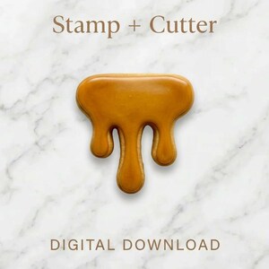 May include: A caramel-colored cookie cutter in the shape of a dripping design, set against a marble background. The text "Stamp + Cutter" is at the top, and "DIGITAL DOWNLOAD" is at the bottom. This image is suitable for baking and crafting.