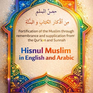 May include: An ornate, colorful graphic with Arabic and English text. The central design is a stylized archway with intricate floral patterns in blue, green, orange, and gold. Text includes "Hisnul Muslim" and "Fortification of the Muslim".