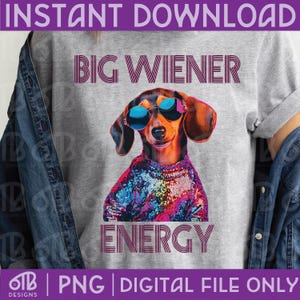Könnte beinhalten: Ein graues T-Shirt mit einer Grafik eines Dackels, der eine runde Sonnenbrille mit blauen Gläsern und ein buntes Pailletten-Oberteil trägt. Der Text BIG WIENER ist in Lila über dem Hund und das Wort ENERGY in Lila darunter aufgedruckt.