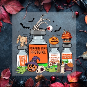 May include: A Halloween-themed graphic featuring vials labeled "Pumpkin Spice Protocol," "Apple Cr Ativan," "Maple Cinnamon Daldol," and "Spiced Vanilla Versed." The design includes a skeleton hand holding an eyeball, bats, and spooky characters.