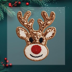 May include: A festive, sequined reindeer head patch with a red nose, black bead eyes, and a smiling mouth. The antlers and head are gold, with white accents. Perfect for holiday crafts and decorations.