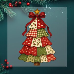 May include: A decorative Christmas tree illustration with a patchwork design. The tree features red, green, and white patterned sections, a red bow, and a gold star on top. The tree is set against a teal background.