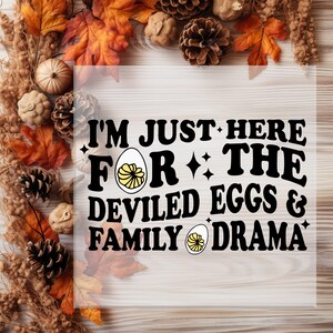 May include: A clear, rectangular sign with the text "I'M JUST HERE FOR THE DEVILED EGGS & FAMILY DRAMA" in black. The sign is decorated with a deviled egg graphic and surrounded by fall foliage, including leaves, pinecones, and pumpkins.