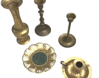 Vintage Brass Decor Lot 5pc Candle Holders Bud Vase Filigree Dish Gold Tone