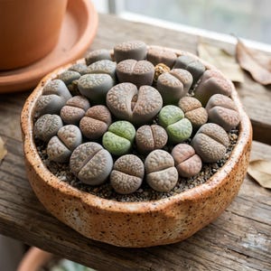 May include: A collection of living stone plants, also known as Lithops, in a round, speckled ceramic pot. The plants vary in color from green to brown and gray, with a split, stone-like appearance. The pot sits on a weathered wooden surface.