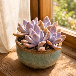 May include: A succulent plant with thick, fleshy, pale lavender and peach-toned leaves arranged in rosettes. The plant is potted in a round, speckled, teal-colored ceramic bowl with a brown rim, filled with small gray pebbles and soil.