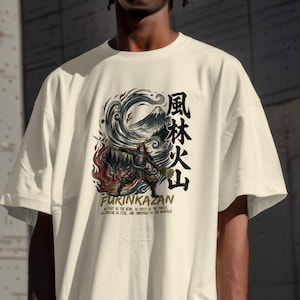 Camiseta Furinkazan Samurai, camiseta gráfica de guerrero Bushido japonés, arte Kanji Takeda Shingen - Camiseta unisex de tejido grueso teñida en prenda.