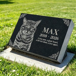 Pode incluir: Lápide de granito preto para animais de estimação com um retrato gravado detalhado de um gato chamado Max. A inscrição inclui os anos 2018-2026 e a mensagem: "A tiny paw, a giant heart, a life too short, a love apart."