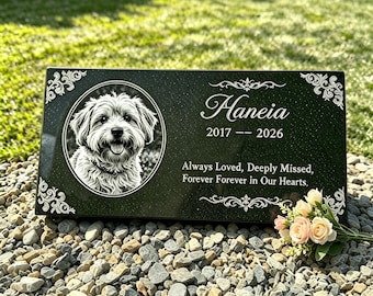 Personalized Pet Memorial Stone, Custom Engraved Dog & Cat Grave Marker with Photo, Natural Granite Outdoor Garden Plaque,