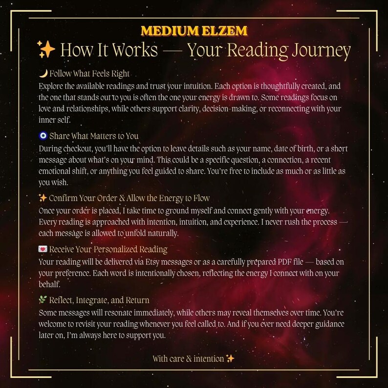 May include: A digital graphic with a dark background and gold accents. The text reads "MEDIUM ELZEM - How It Works - Your Reading Journey." Details include steps like "Follow What Feels Right" and "Receive Your Personalized Reading."
