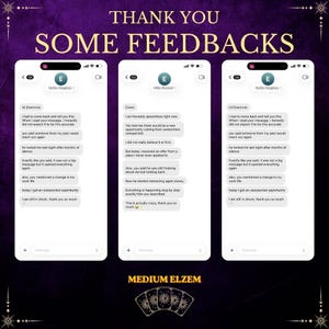 May include: Image features three smartphone screens displaying customer feedback. The text on the screens includes positive testimonials about a medium's services. The background is a gradient of purple and gold, with the words "THANK YOU SOME FEEDBACKS" at the top.