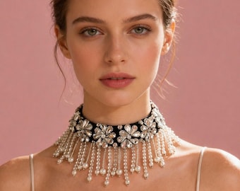 Collana girocollo con frange di perle e cristalli, collana vintage da sposa, regalo perfetto.