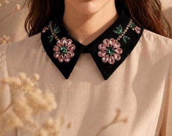 Detachable White Collar with Pink Crystal Flowers, Vintage Inspired Statement Bib