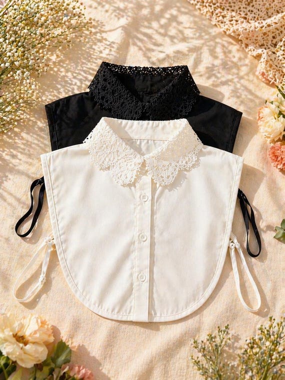 Detachable Lace Collar Set, White Black Faux Shirt Insert, Vintage Layering Accessory