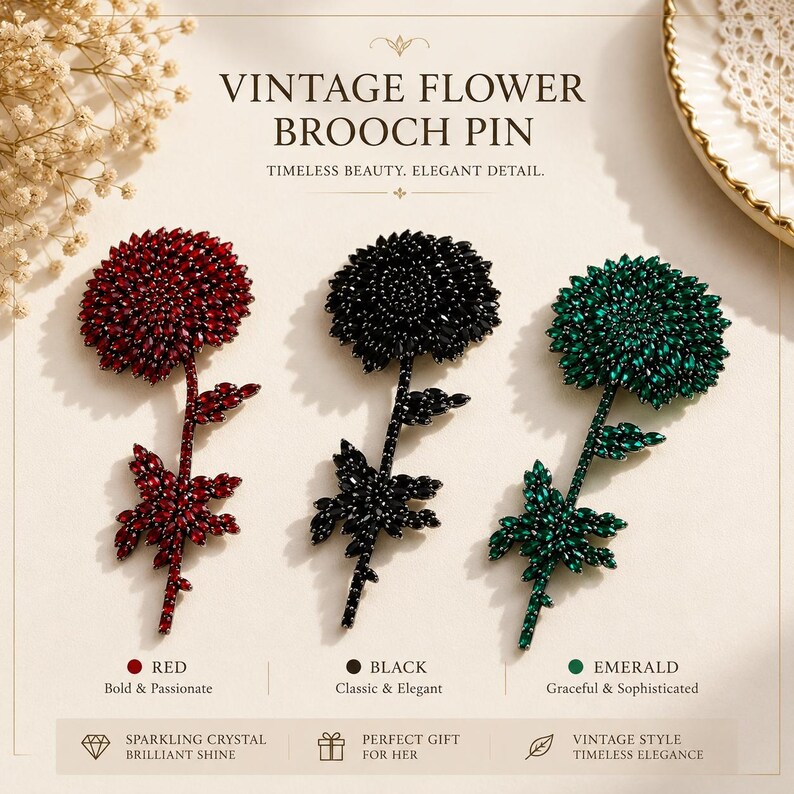 Puede incluir: Tres broches de flores en rojo, negro y verde esmeralda, cada uno elaborado con cristales brillantes en un dise&ntilde;o floral con tallo y hojas. El texto VINTAGE FLOWER BROOCH PIN aparece sobre los broches, con etiquetas de color debajo de cada uno.