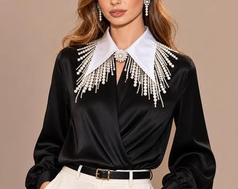Detachable Pearl Fringe Collar, Statement Necklace, Victorian Gothic Bridal Accessory, Crystal Brooch