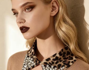 Leopard Print Detachable Collar with Crystal Embellishments