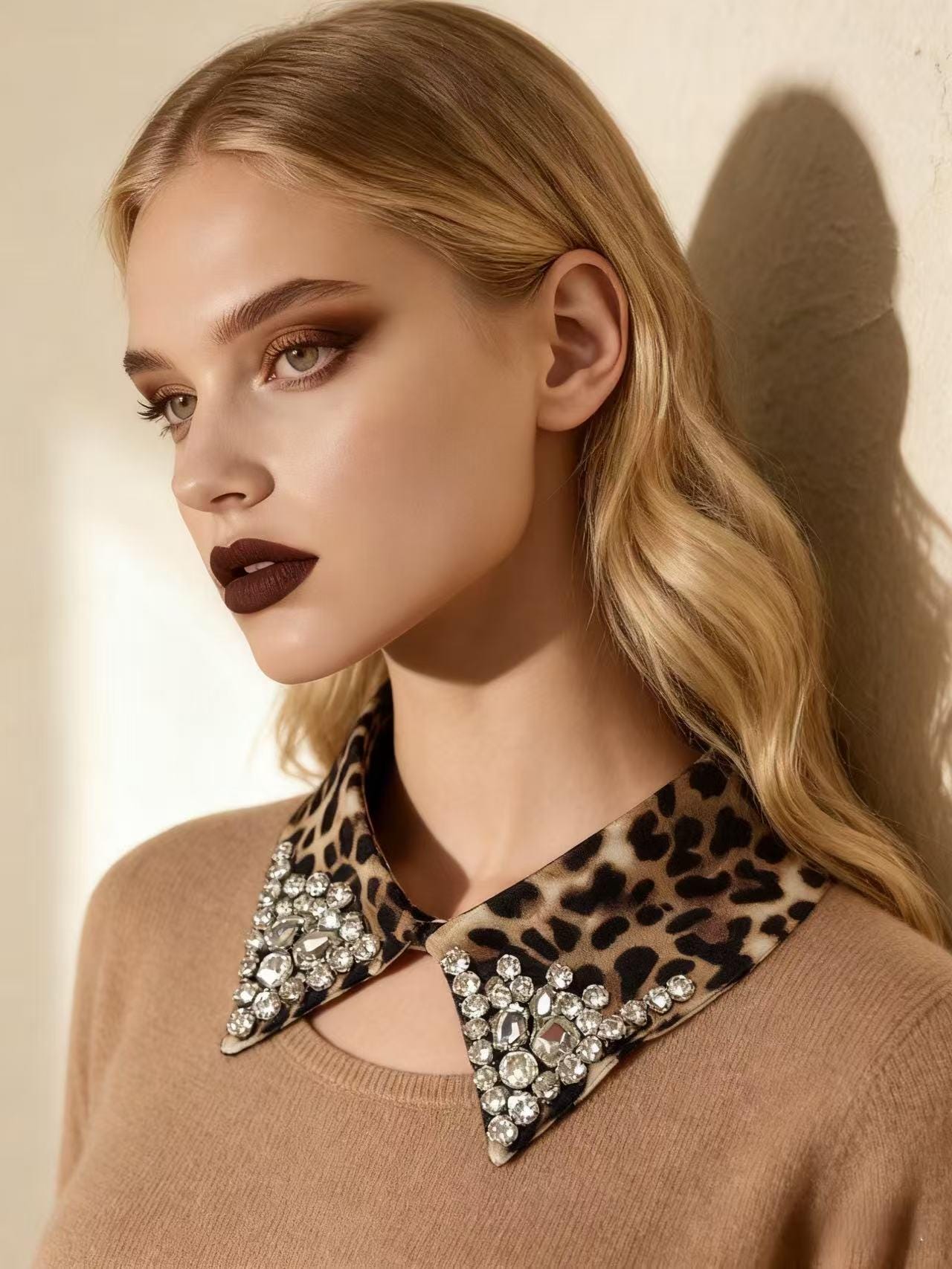 Leopard Print Detachable Collar with Crystal Embellishments