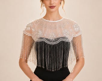 Pearl Beaded Bridal Capelet, Wedding Fringe Shoulder Cover Up