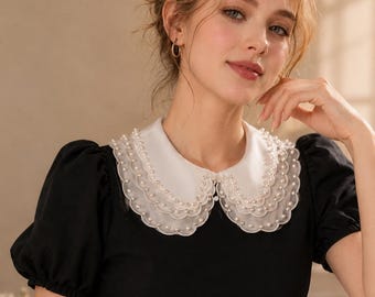 Detachable Hand-Beaded Organza Lace Peter Pan Collar, Statement Blouse Accessory