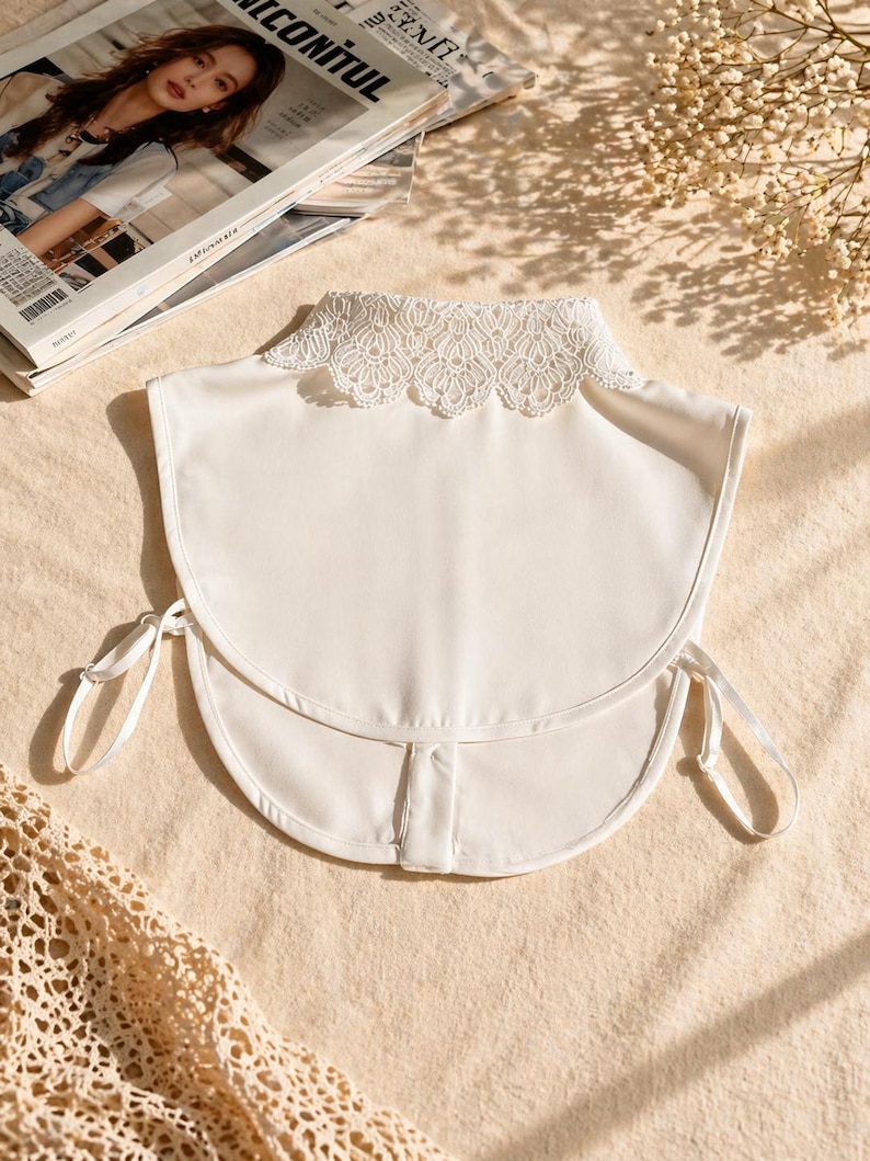May include: A white detachable collar with a delicate lace trim. The collar has a rounded shape and tie closures on each side. The item is displayed on a neutral-toned surface with a magazine in the background.