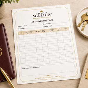 Könnte beinhalten: Ein weißes Schlüssel-Inventarprotokoll aus Papier mit goldenen Rändern und dem Text THE FIRST MILLION WEALTH FREEDOM LEGACY. Das Formular enthält Felder für Adresse, Datum und eine Tabelle für Schlüsseldetails, neben einem goldenen Stift und Schlüsseln.