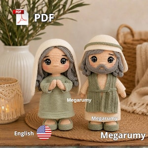 May include: Two amigurumi dolls crafted from yarn, representing a pair of figures. One doll wears a light green dress and a cream head covering, while the other wears a cream tunic with a green vest, a head covering, and a gray beard.