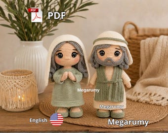 May include: Two amigurumi dolls crafted from yarn, representing a pair of figures. One doll wears a light green dress and a cream head covering, while the other wears a cream tunic with a green vest, a head covering, and a gray beard.