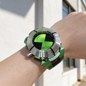 May include: A chunky wristwatch featuring a circular silver-toned bezel and a vibrant green face with a black hourglass-shaped graphic. The watch has a metallic green and black band, with a prominent silver cylindrical button on the side.