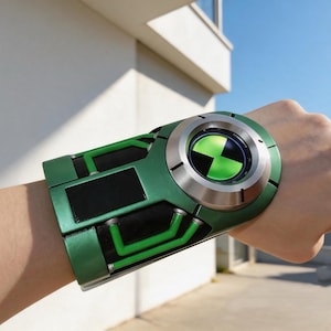 May include: Green and silver Omnitrix watch prop. The watch has a large circular face with a green and black graphic, surrounded by a silver bezel. The band is green with black accents and green tubing details. The watch is worn on a wrist.
