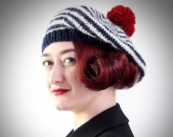 Adult's Beret, Breton Stripes, Nautical Style Hat, Red White and Denim Blue Tam, Pure Wool Hat, Hand Knitted Beret, UK Seller