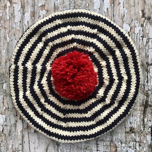 CHILDREN&#39;S Beret 6 - 18 mths, Breton Stripes Hand Knitted Wool Beret, Nautical Style, Winter Hat, Navy Blue Cream And Red Tam, UK Seller