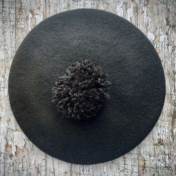 Beret, Felted Pure Wool Beret, French Wool Beret, Tam, Winter Hat, Black Pom Beret, UK Seller,